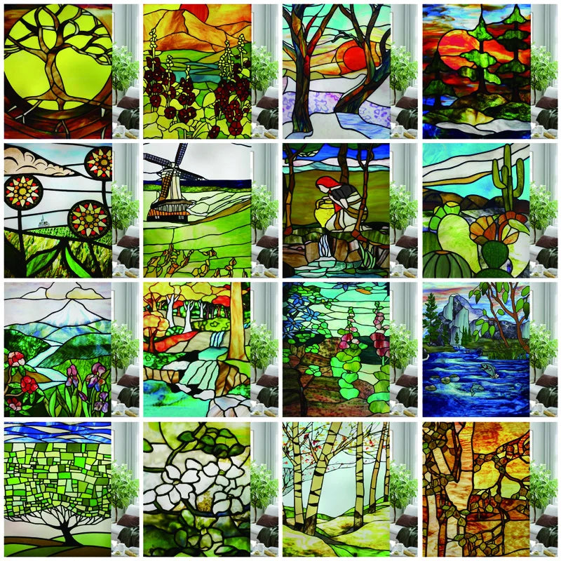 Custom size Glass Films,Stained Glass Stickers Static Cling,Frosted Privacy Print Tree,Rivers,Hill For Window Door Home Decor