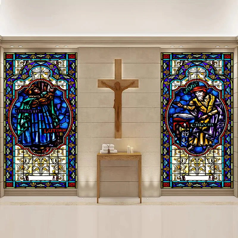 Religious Stained Glass Films,Frosted Window Sticker,Christ Gothic Styles Painting,for Church Prayer room House of Worship Home