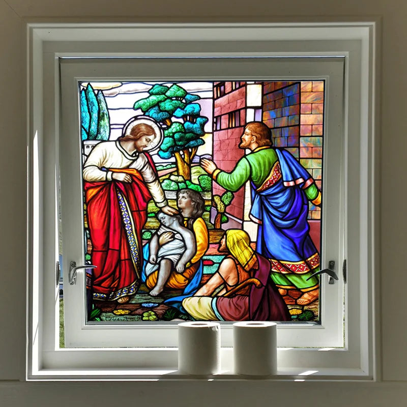 Custom Frosted Stained Glass Window Film,PVC Static Cling ,Church Jesus Mary Angels Picture Stickers Window Treatment Home Decor