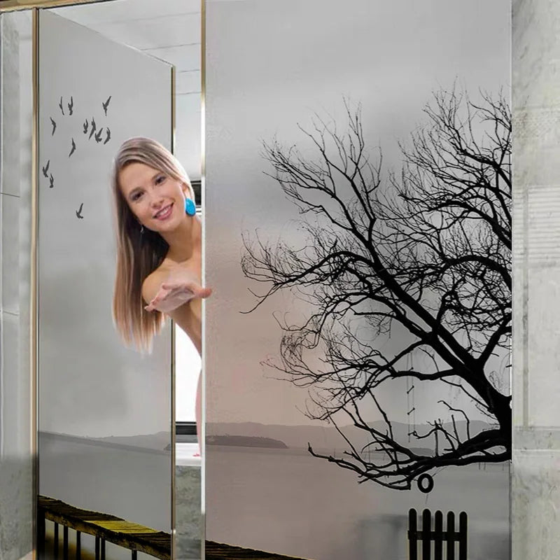 Custom Size Stained Glass Window Film,Frosted Privacy Static Cling,Privacy Films Door Sticker,Bathroom Home Decor Tree/Mountain