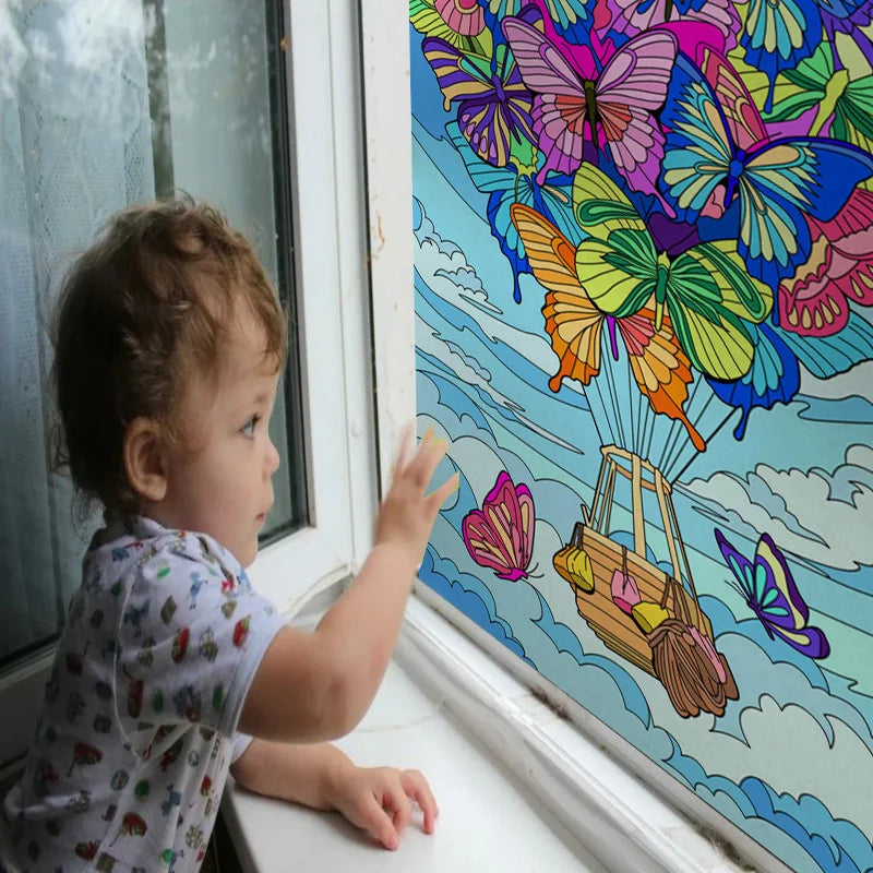 Stained Glass Wndow Film Frosted Glass Sticker Custom Size Castle Cartoon Pattern For Kids Room Door Light Box Poster Home Decor