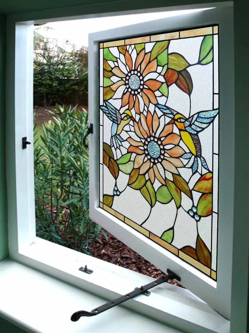 Window Film Frosted Stained Glass Films Customized Art SunFlower Hummingbird Static Cling Sticker,Home Decor Window Treatment