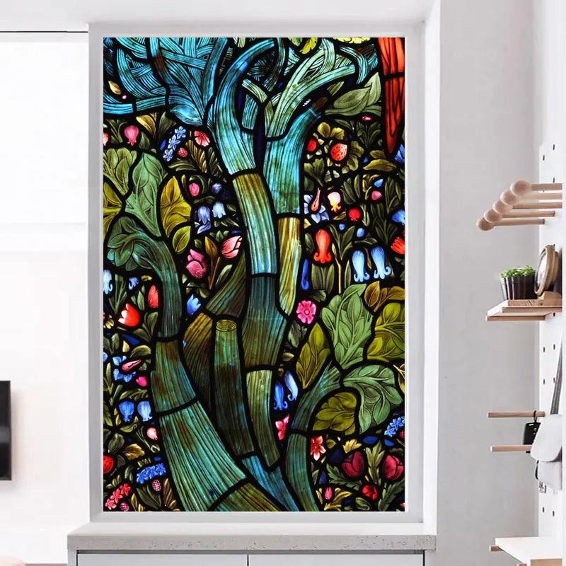 Window Film Frosted Stained Glass Films Customized Tiffany Trees Static Cling Sticker,Bathroom Door Kitchen Office Home Decor