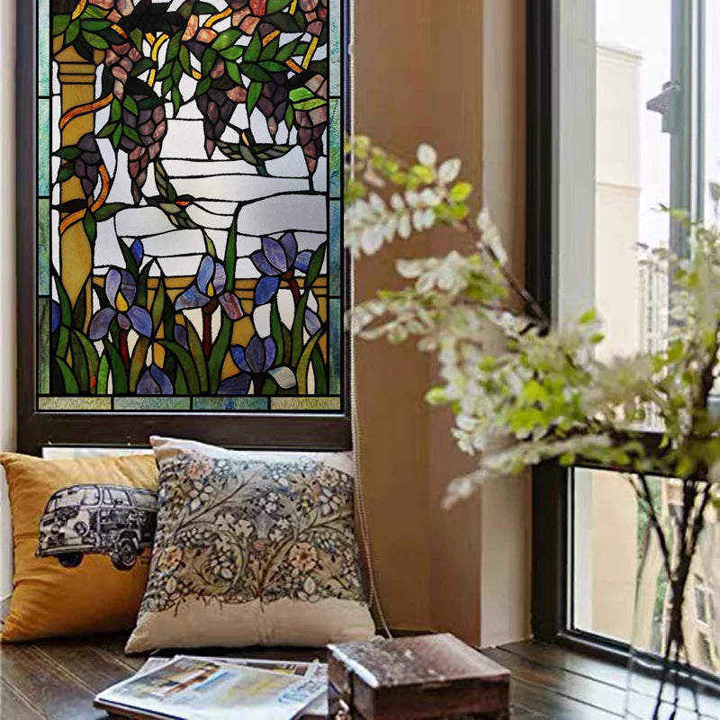 Window Film Frosted Stained Glass Films Customized Art Peacock Hummingbird Static Cling Sticker,Home Decor Window Treatment