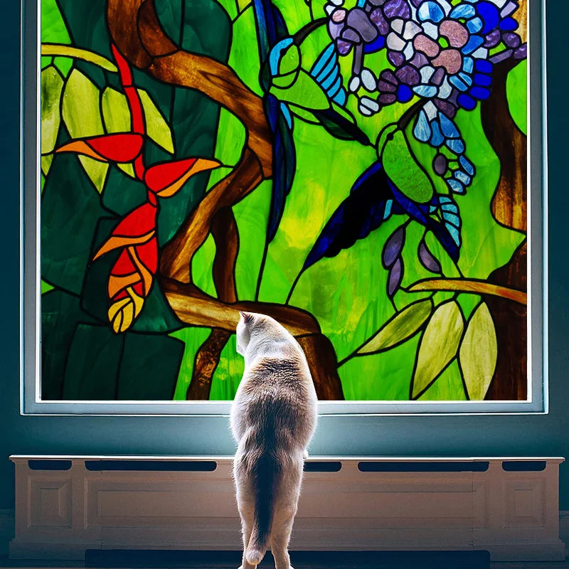 Custom Frosted Stained Glass Window Film,PVC Static Cling Films,Plants, forest animals Home Decor Foil Stickers