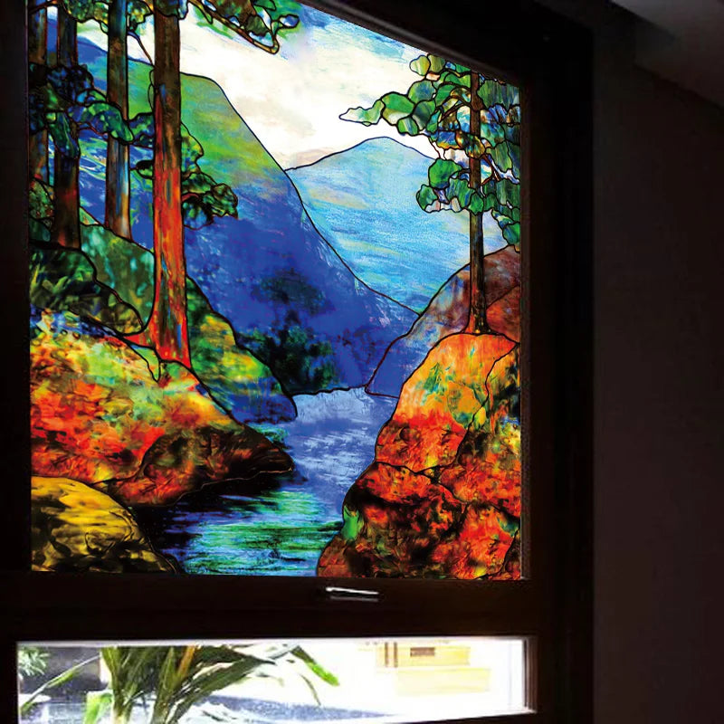 Landscape painting Glass Films Stained Window Film Opaque Sticker Self Adhesive/Static Cling For Square Window do Custom Size