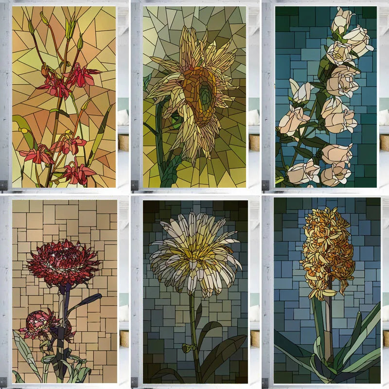 Window Film Frosted Stained Glass Films,Customized Art Deco Design Flowers Static Cling Sticker,Home Decor Foil Window Treatment