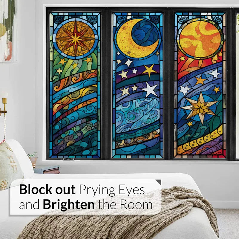 Window Film Frosted Stained Glass Films,Customized Privacy Static Cling,Church Retro Sticker,Office Home Decor,Sun and moon