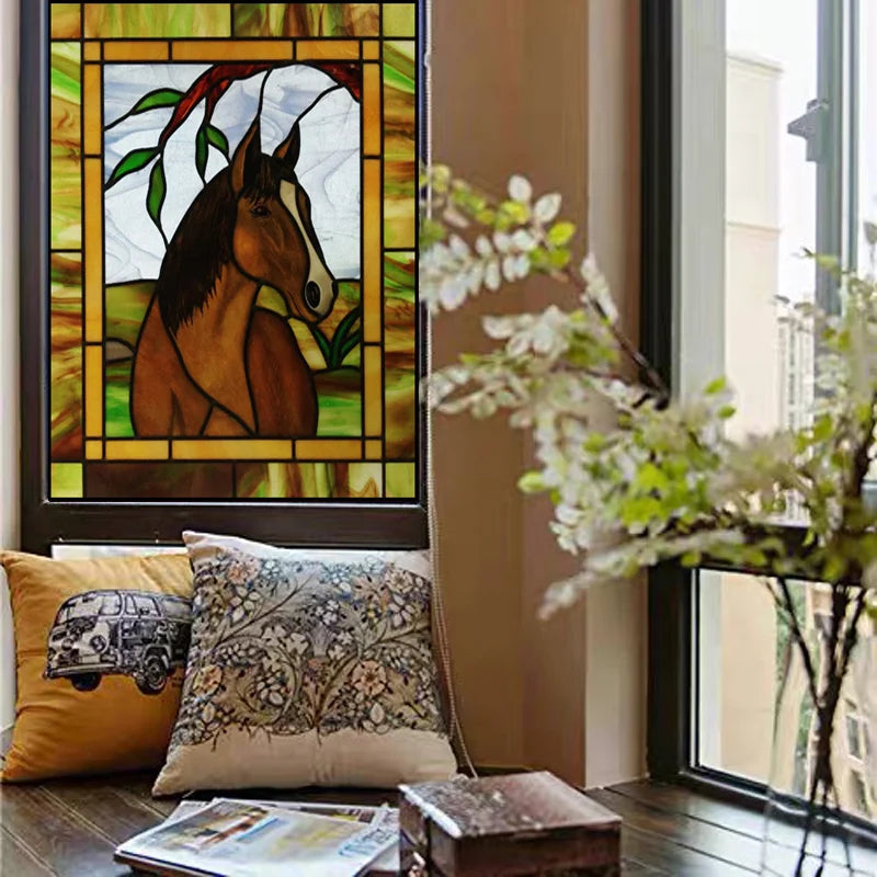 Custom size Stained Glass Window Film Retro Church Painted Horse Deer Frosted Static Cling Art Colored Glass Films Sticker
