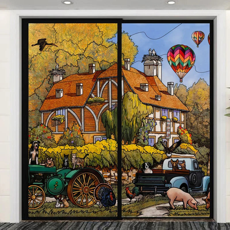 Custom size Stained Glass Wndow Film,Satic Cling Window Films,Decor Foil Stickers Window Treatment For Square Glass Hot air ball