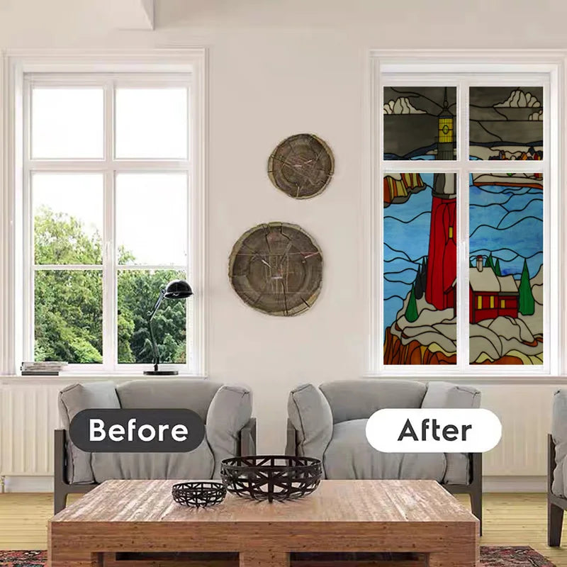 Stained Glass Wndow Film Frosted Glass Sticker Custom Size Castle Cartoon Pattern For Kids Room Door Light Box Poster Home Decor