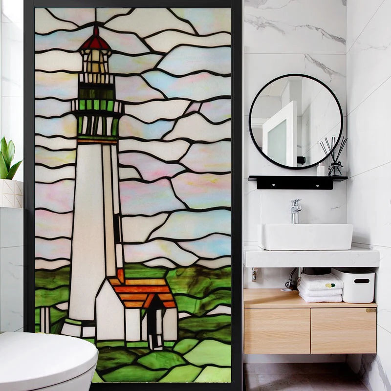 Custom size Stained Glass Films,Privacy Static Cling,Print Castle Lighthouse Tower Sailboat Door Sticker,Office Home Decor