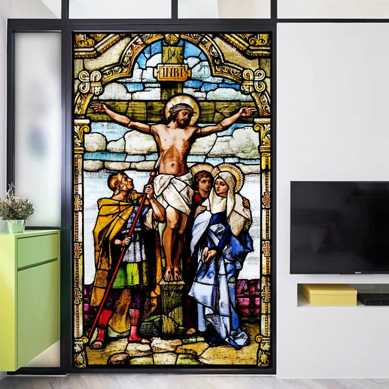 Custom Frosted Stained Glass Window Film,PVC Static Cling ,Church Jesus Christ Blessed Mary Stickers Window Treatment Home Decor