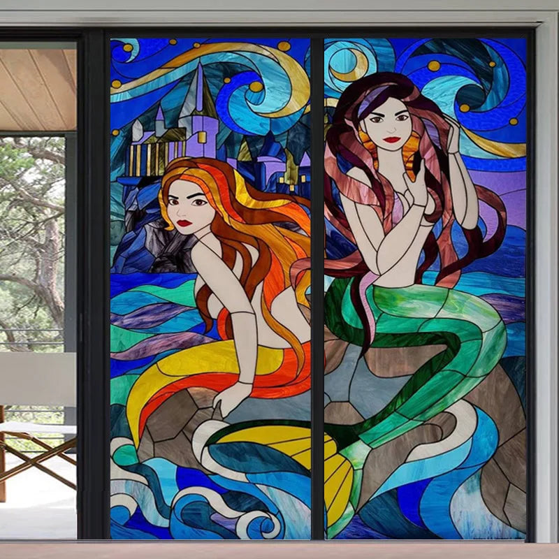Custom Size Window Stained Glass Films,Mermaid,Flower Fairy,People Painting Stickers For Bathroom Bedroom Door Office Home Decor