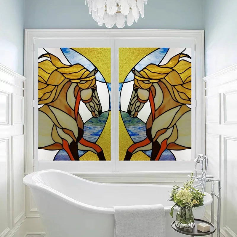 Custom size Stained Glass Window Film Retro Church Painted Horse Deer Frosted Static Cling Art Colored Glass Films Sticker