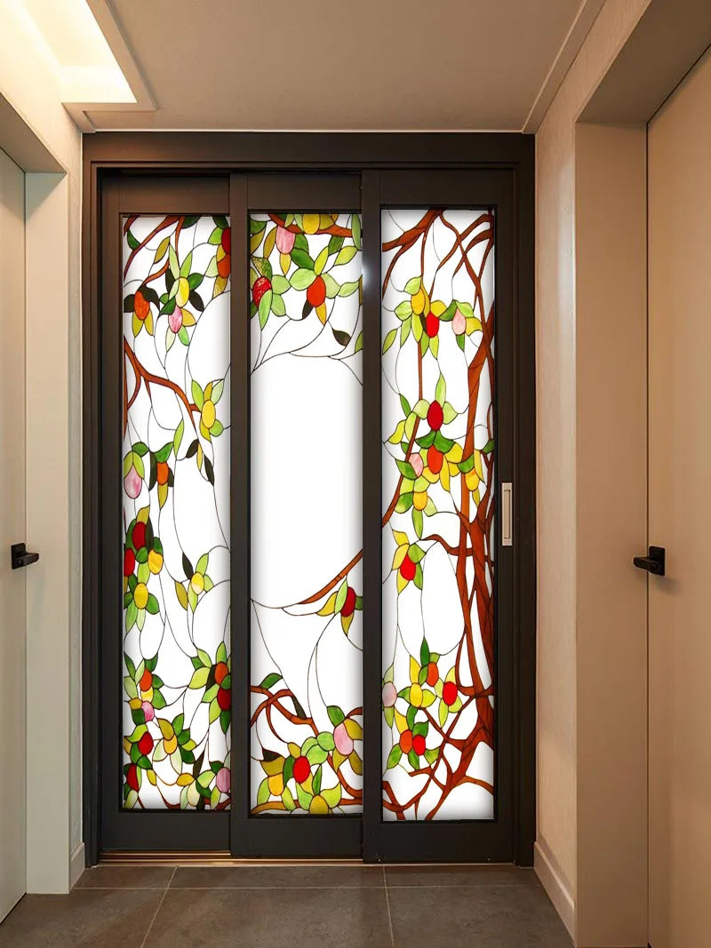 Stained Glass Window Film Frosted Glass Sticker Static Cling for thin long Glass Door Anticollision Flower