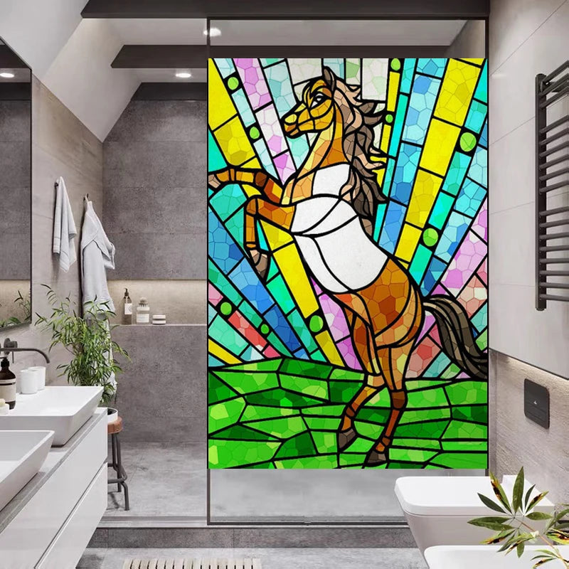 Custom size Stained Glass Window Film Retro Church Painted Horse Deer Frosted Static Cling Art Colored Glass Films Sticker