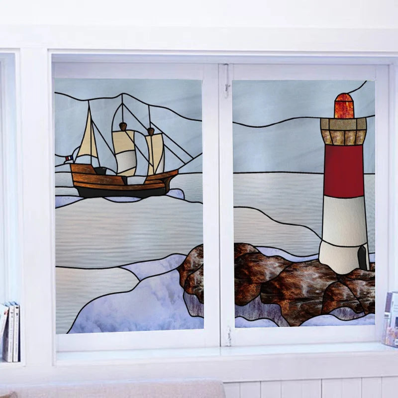Custom size Stained Glass Films,Privacy Static Cling,Print Castle Lighthouse Tower Sailboat Door Sticker,Office Home Decor