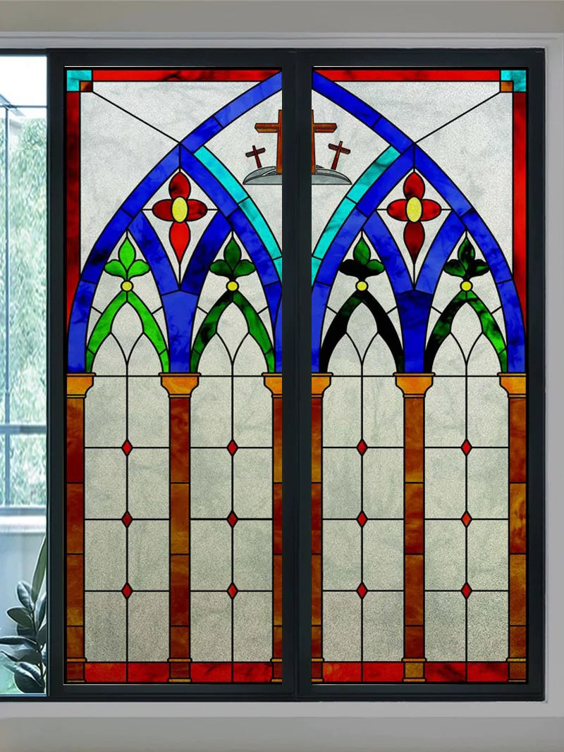 Custom Frosted Stained Glass Window Film,PVC Static Cling Films,Cross Church Decor Foil Stickers