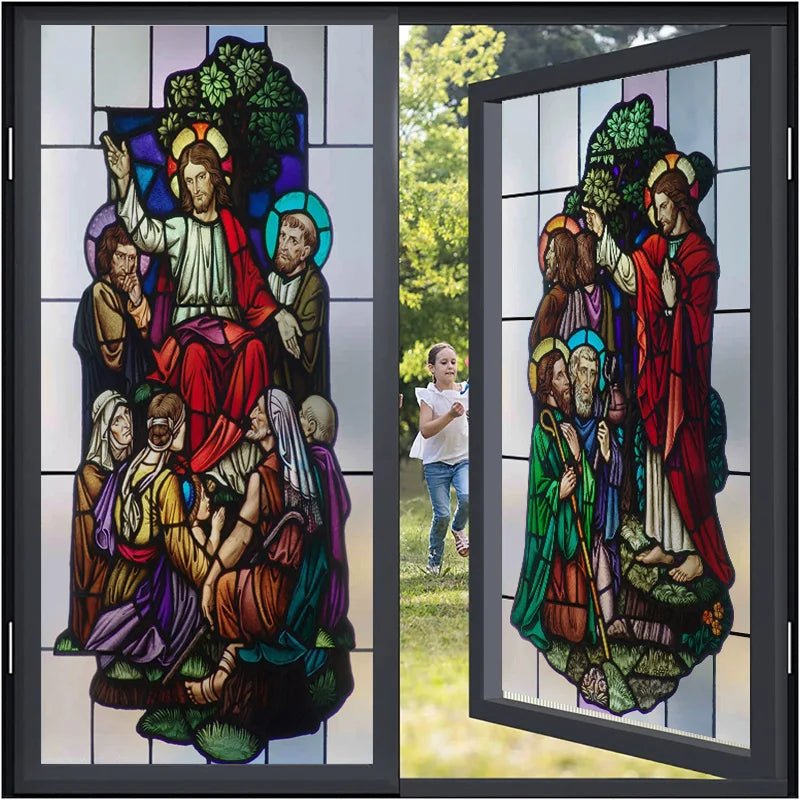 Decorative self adhesive/static cling frosted stained continental window film can do custom size Crucifixion of Jesus/Christ