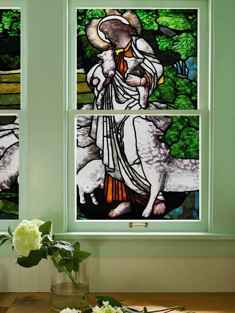 Custom Frosted Stained Glass Window Film,PVC Static Cling Films,Virgin Mary/Jesus Church Decor Foil Stickers