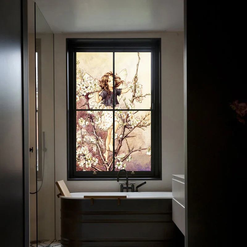 Custom Size Stained Glass Window Film Flower Tree Fairy Stickers Static Cling For Kitchen Bathroom Bedroom Glass Door Home Decor