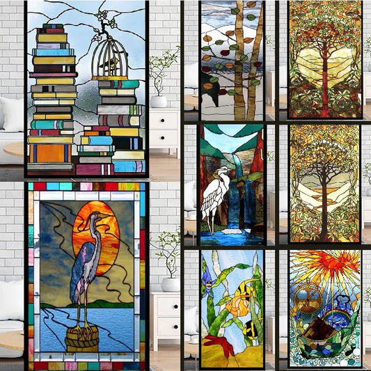 Frosted Privacy Window Film Stained Glass Film Retro European Church Style Colorful Window Stickers Shower Bathroom Glass Film