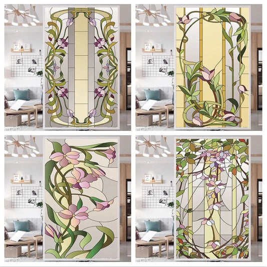 Custom size Window Films Stained Glass Window With Purple Floral Pattern Frosted Static Cling Heat-Control Privacy Home Decor