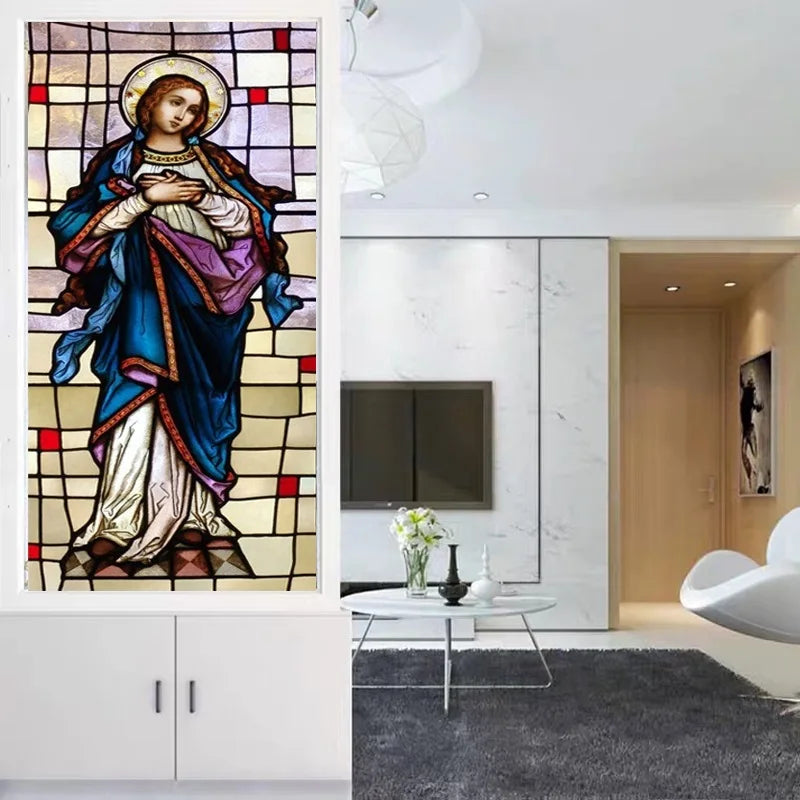 Stained Privacy Window Film Frosted Window Sticker Vinyl Glass Films For Home Office Church Madonna Mary Picture