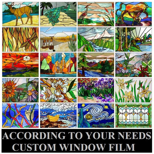 Custom Size Stained Glass Window Film Frosted Privacy Sticker Static Cling Scenic Vintage For Transom Window Door Bathroom