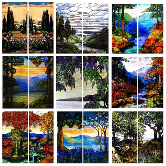Landscape painting Glass Films Stained Window Film Opaque Sticker Self Adhesive/Static Cling For Square Window do Custom Size
