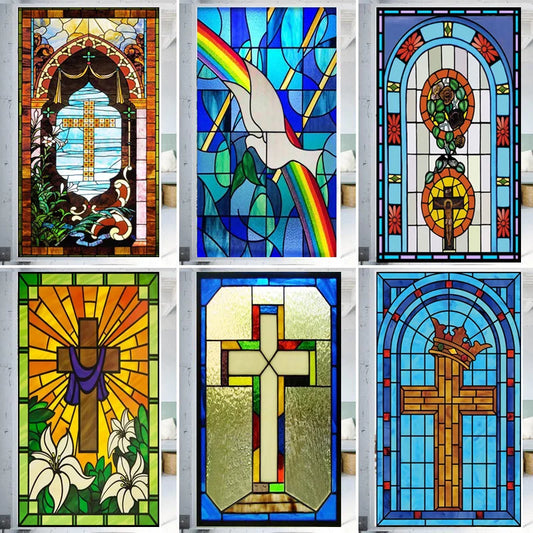 Window Film Frosted Stained Glass Films Cross Dove Lily Static Cling Church Home Decor Bathroom Kitchen Door Sticker Customized