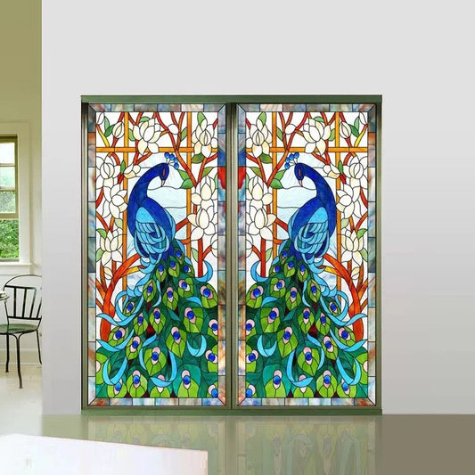 Custom Size Window Glass Films Peacock Self Adhesive Static Cling Home Decorative Frosted Privacy Stained Retro Church Glass