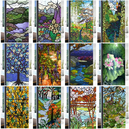 Custom Size Stained Glass Films,Frosted Privacy Static Cling,Poster Retro Tree Scenic Color printing,Window Film Door Stickers