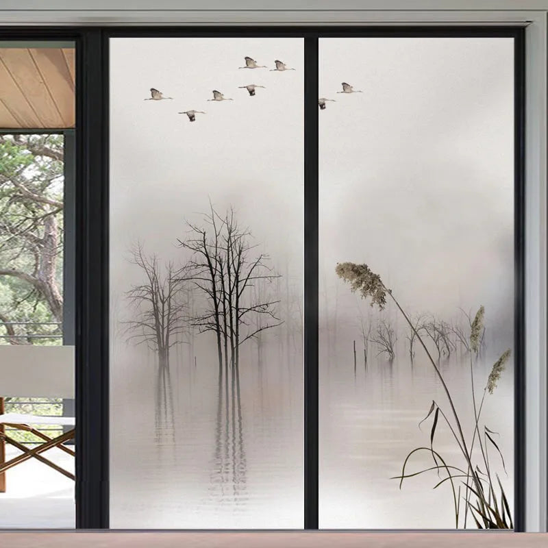 Custom Size Stained Glass Window Film,Frosted Privacy Static Cling,Privacy Films Door Sticker,Bathroom Home Decor Tree/Mountain