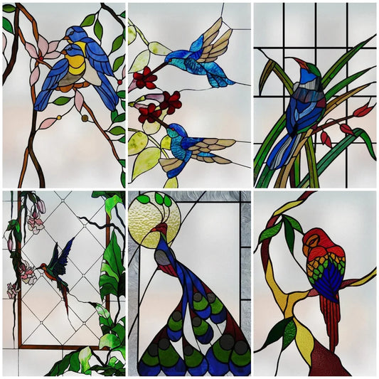 Custom Size Stained Glass Window Film Bird Hummingbird Parrot Color printing Picture For Rectangular Shape Glass Home Decor
