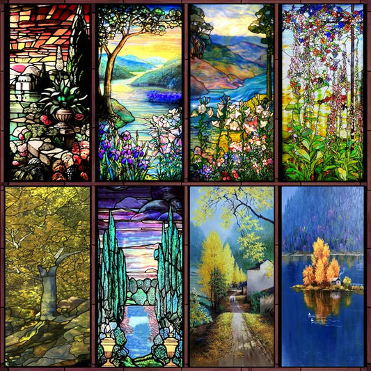 Custom Size Stained Glass Window Film,Frosted Privacy Static Cling,Vintage Colorful Stickers Shower Bathroom Office Home Decor