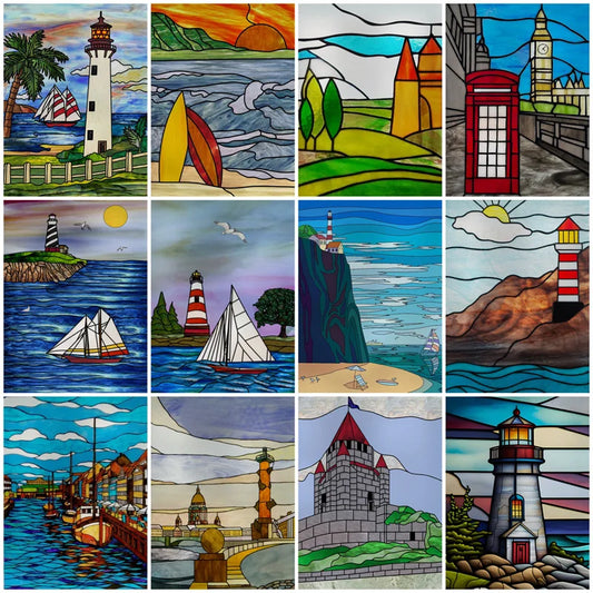 Custom size Stained Glass Films,Privacy Static Cling,Print Castle Lighthouse Tower Sailboat Door Sticker,Office Home Decor