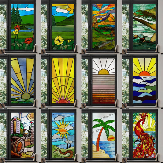 Custom Size Window Film Stained Glass Stickers Static Cling Frosted Privacy Print Sun,Sailboat,Mosaic For Window Door Home Decor