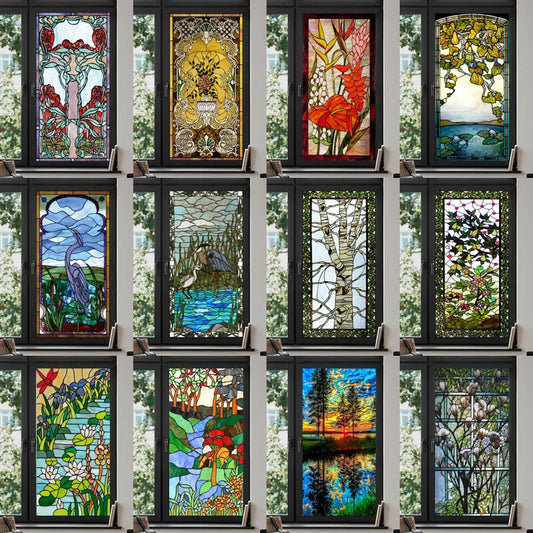 Custom Size Stained Glass Window Film,Frosted Privacy Static Cling,Retro Colorful Stickers Shower Bathroom Office Home Decor