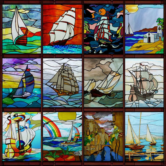 Window Film Frosted Stained Glass Films,Static Cling,Privacy Retro Door Sticker,Kitchen Office Home Decor Customized,Sailboat