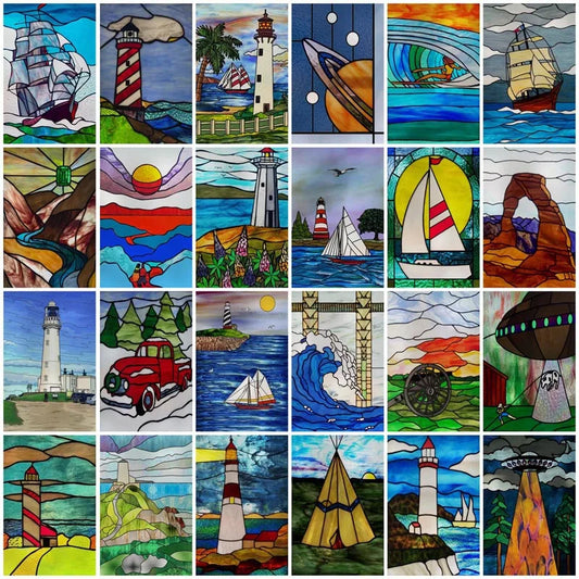 Custom size Stained Glass Window Film Retro Painted Frosted Static Cling Vintage Colored Glass Films Sticker Lighthouse sailboat
