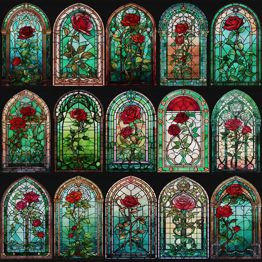 Privacy Windows Film Rose Stained Glass Window Door Stickers No Glue Static Cling Decorative Frosted Window Films