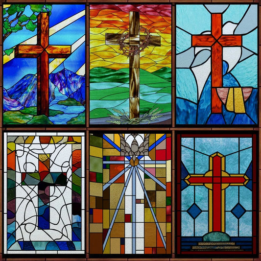 Window Film Frosted Stained Glass Films,Customized Privacy Static Cling,Retro Vintage Stickers Home Decor Church Cross Skylight