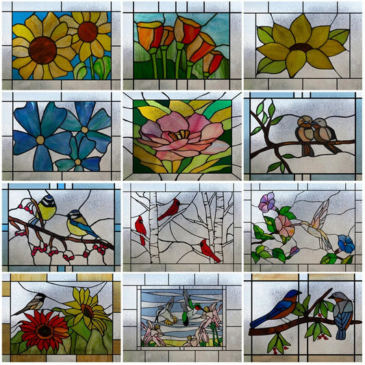 Window Film Stained Glass Stickers,Custom size Static Cling Frosted,Flower Bird Flower Print For Transom Window Glass Home Decor