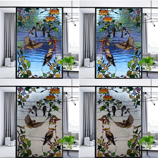 Custom size Stained Glass Window Film Door Sticker 3D Frosted Static Cling Art Colored Glass Flower Birds Tree Home Decoration