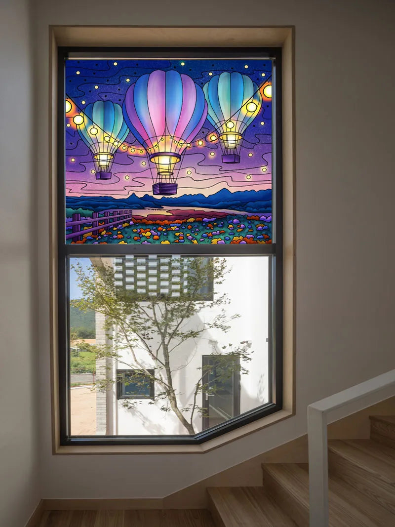 Custom size Stained Glass Wndow Film,Satic Cling Window Films,Decor Foil Stickers Window Treatment For Square Glass Hot air ball