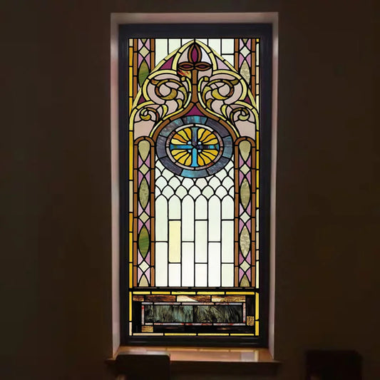 Gothic Rose Window film Glass Films Frosted Stained Fake Window with Cross Church Style Sticker can do custom size