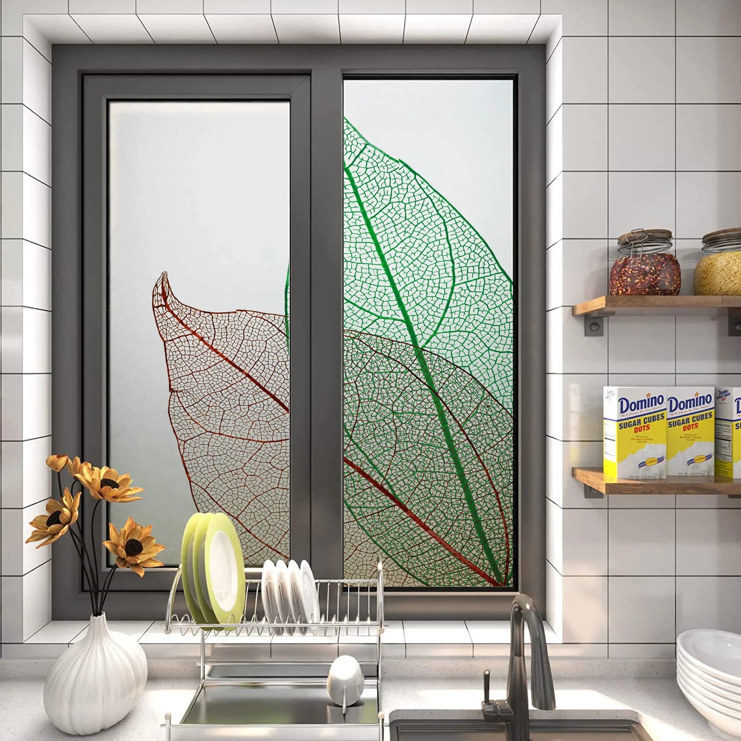 Customized Window Film,Frosted Stained Glass Films, Art Deco Design Leaves,Static Cling Remove Door Sticker,Home Decor