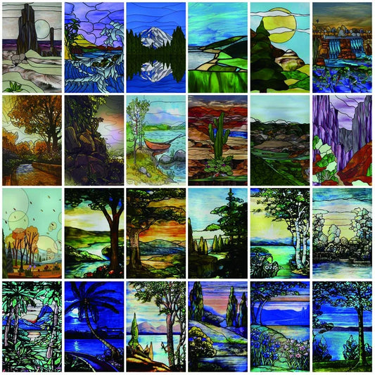 Custom Size Stained Glass Films Frosted Privacy Window Film Static Cling Vintage Scenic,Tree,Landscape Window Door Sticker